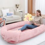 Human Dog Bed 63x36.6x11 Large Dog Bed with Raised Cushioned Rim, Removable Cover, Waterproof Lining and Bonus Blanket; Washable-Luxury Fluffy Nap Bed (63"x36.6"x11", Pink)