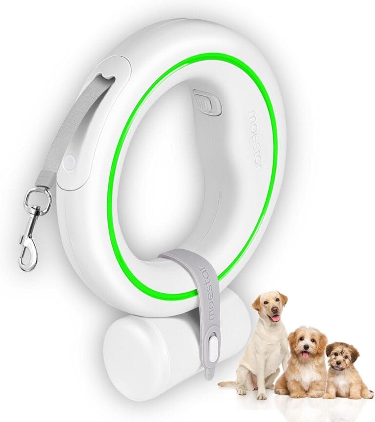 UFO Retractable Dog Leash Hands Free Wearable Laisse Chien with Poop Bag Holder One-Handed Brake Pause Lock 360 Tangle Free 10 ft Strong Nylon Tape Dog Leash for Up to 66lbs Medium Small Dogs