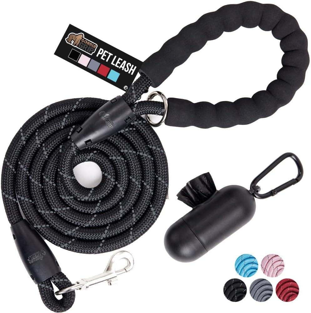 GORILLA GRIP Dog Leash, Heavy Duty Reflective Rope Leashes for Large, Medium, Small Breed Dogs, Puppy Training Essential for Walks, Hikes, Soft Handle, Rotating Metal Clip, Waste Bag Dispenser, Black GORILLA GRIP Dog Leash, Heavy Duty Reflective Rope Leashes for Large, Medium, Small Breed Dogs, Puppy Training Essential for Walks, Hikes, Soft Handle, Rotating Metal Clip, Waste Bag Dispenser, Black
