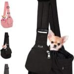 Lukovee Dog Sling Carrier, Hard Bottom Support & Adjustable Soft Padded Shoudler Strap Dog Slings for Small Dogs, Dog Purse with Drawstring Mesh Opening & Zipper Pockets for Puppy Cat Pet (Black)