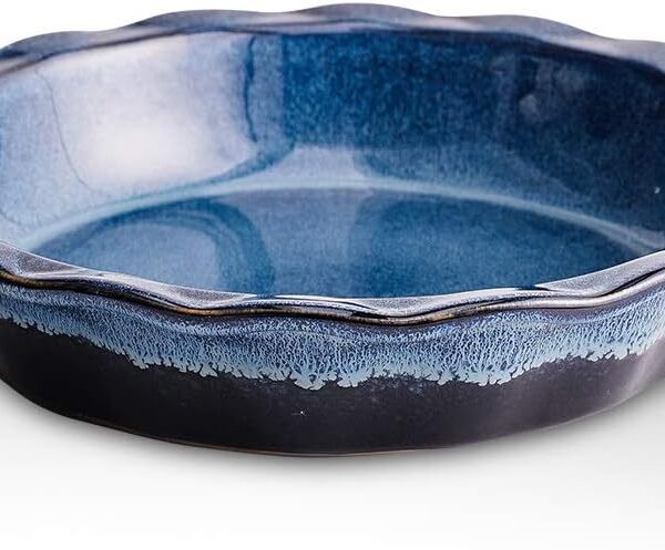 Ceramic, 9 Inches Pie Plate, Pie Dish for Dessert Kitchen, Round Baking Dish Pan for Dinner, Wrapping Upgrade, Reactive Glaze (Nebula Blue)