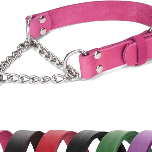 Martingale Collar for Dogs No-Pull Adjustable Training Collar with Stainless Steel Chain - Genuine Leather Anti-Slip Design for Small,Medium,Large Breed Dogs - Pink (M)