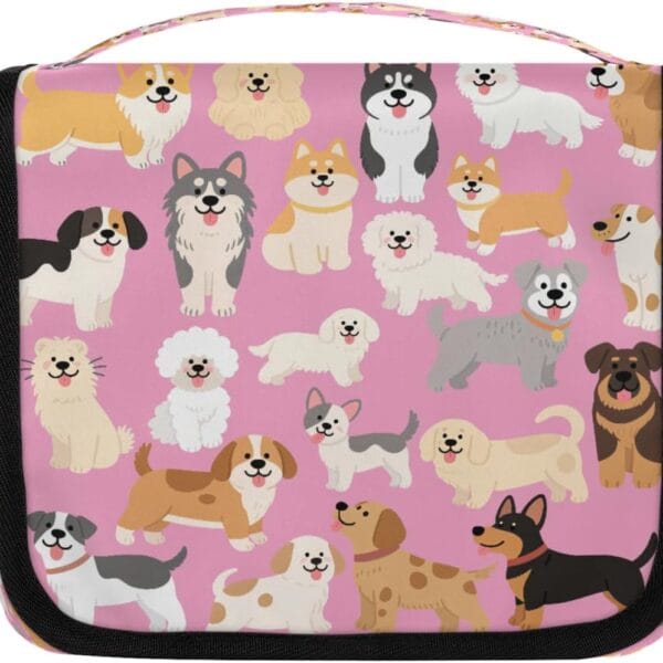 Cartoon Cute Dogs Pattern Kids Toiletry Bag for Girls, Waterproof Hanging Makeup Organizer Travel Cosmetic Bag with Hook, Portable Toiletries Case for Sleepovers School Vacations
