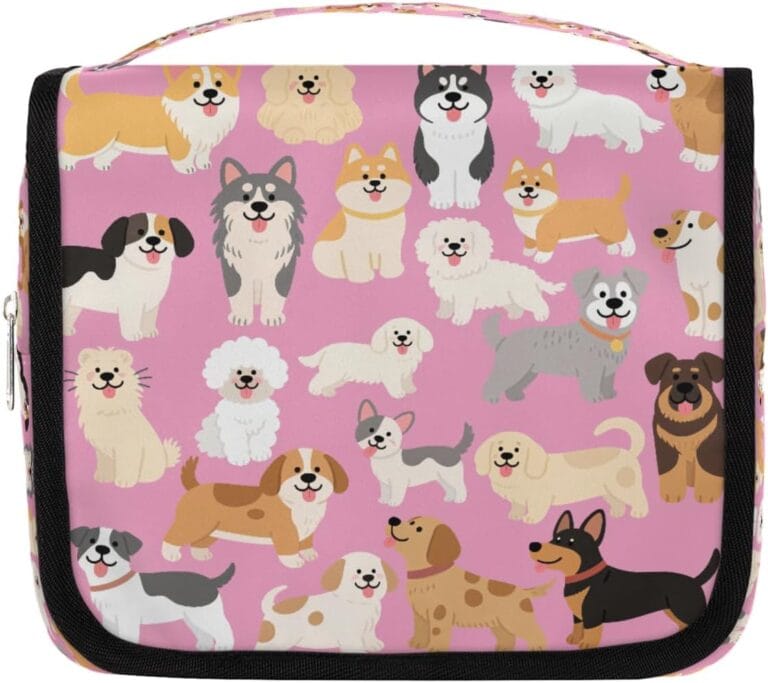 Cartoon Cute Dogs Pattern Kids Toiletry Bag for Girls, Waterproof Hanging Makeup Organizer Travel Cosmetic Bag with Hook, Portable Toiletries Case for Sleepovers School Vacations