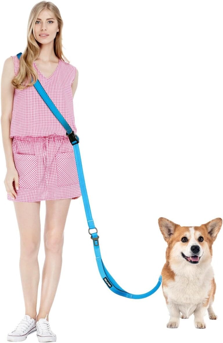 Hands Free Dog Leash, Multifunctional Crossbody Leash, Long Waist Dog Belt with Car Safety Buckle and Double-Sided Reflective StitchesBlue 5.3-7.9ft-Medium