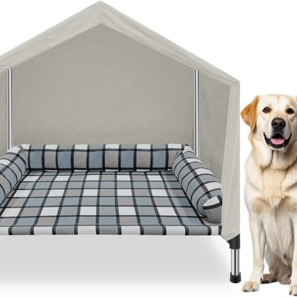 Elevated Dog Pet Bed House - Weatherproof 2-in-1 Indoor Outdoor Pet Cot with Canopy & Bolster Cooling Portable Raised Dog Bed with Pillow for Camping Beach