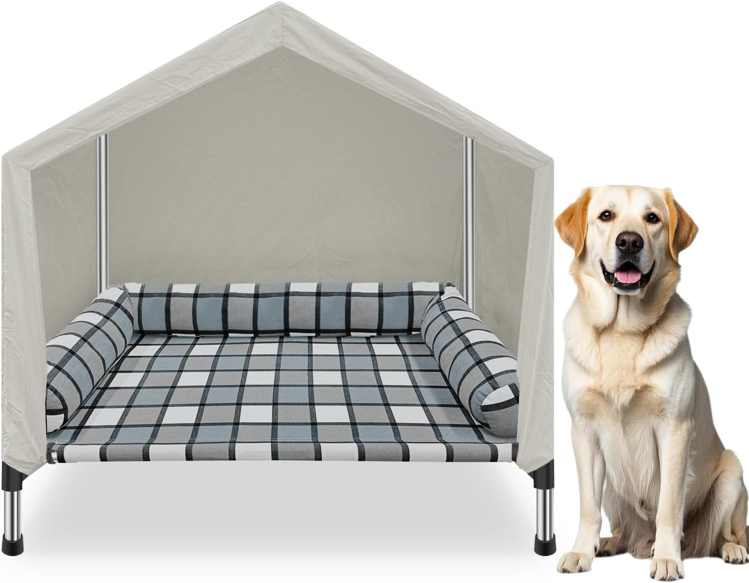Elevated Dog Pet Bed House - Weatherproof 2-in-1 Indoor Outdoor Pet Cot with Canopy & Bolster Cooling Portable Raised Dog Bed with Pillow for Camping Beach Elevated Dog Pet Bed House - Weatherproof 2-in-1 Indoor Outdoor Pet Cot with Canopy & Bolster Cooling Portable Raised Dog Bed with Pillow for Camping Beach