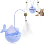 Cat Toys for Indoor Cats, Interactive Cat Toy with Catnip and Feathers, Slow Treat Dispenser Feeder for Weight Control, Self-Play Kicker Toy for Bored Cats, Exercise Puzzle Gift (Blue)