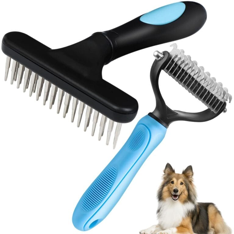 Undercoat Rake for Dogs, Dematting Tool Set - Large Dog Grooming Rake + Double Row Stainless Steel Pins Deshedding Comb, Pet Under Coat Brush for Long Hair Cat, Dog, Hores
