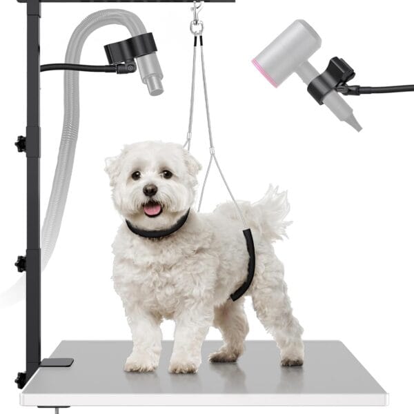 Dog Grooming Arm with Hair Dryer Stand, Adjustable 37'' Dog Grooming Table Arm with Clamp & Dogs Restraints for Grooming Small Medium Dogs Cats, Foldable Pet Grooming Stand at Home