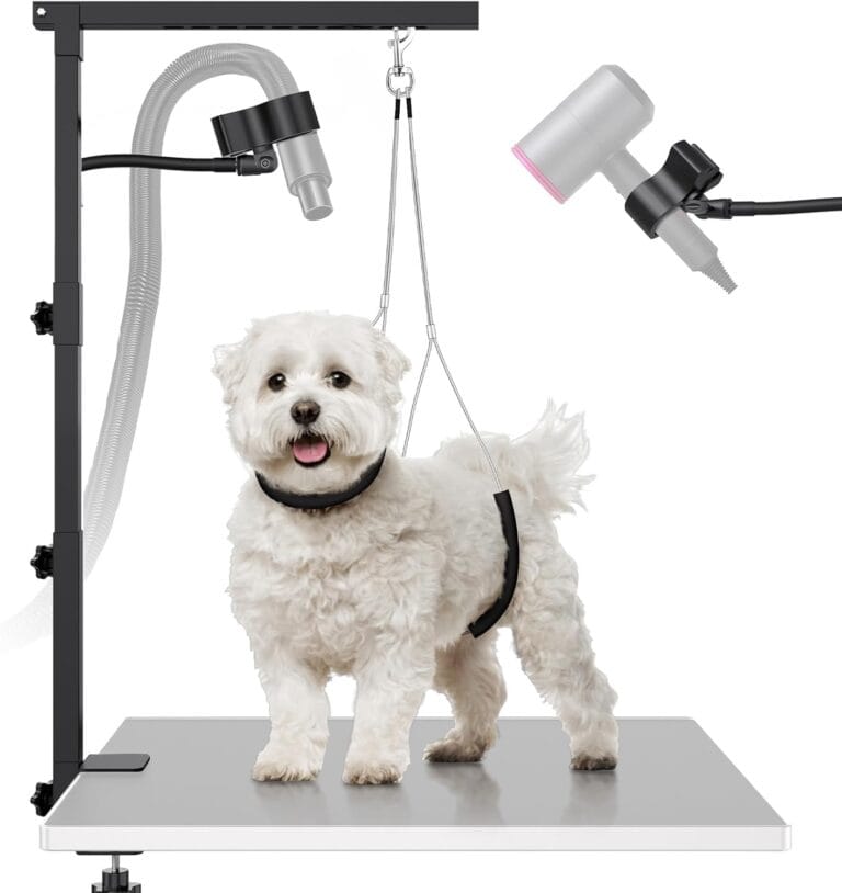 Dog Grooming Arm with Hair Dryer Stand, Adjustable 37'' Dog Grooming Table Arm with Clamp & Dogs Restraints for Grooming Small Medium Dogs Cats, Foldable Pet Grooming Stand at Home
