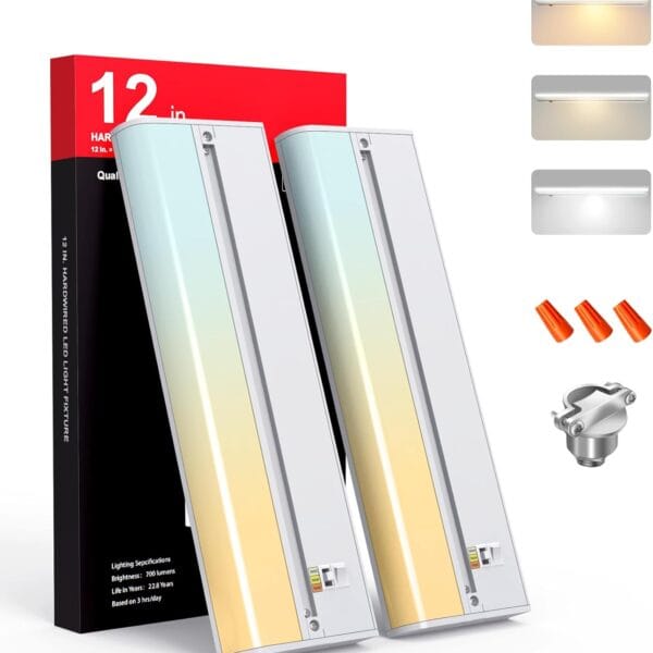 Under Cabinet Lighting Hardwired 12 Inch, 750LM 8W, CRI 97, 3CCT -Warm White, Cool White & Daylight, 2 Packs Stepless Dimming Linkable LED Under Cabinet Lights for Kitchen, White