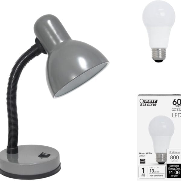 Simple Designs LD1003-GRY-LB 14.25" Basic Metal Desk Lamp with Flexible Hose Neck for Office, Living Room, Bedroom, College Dorm, Bookshelf, Silver, with Feit LED Bulb Included