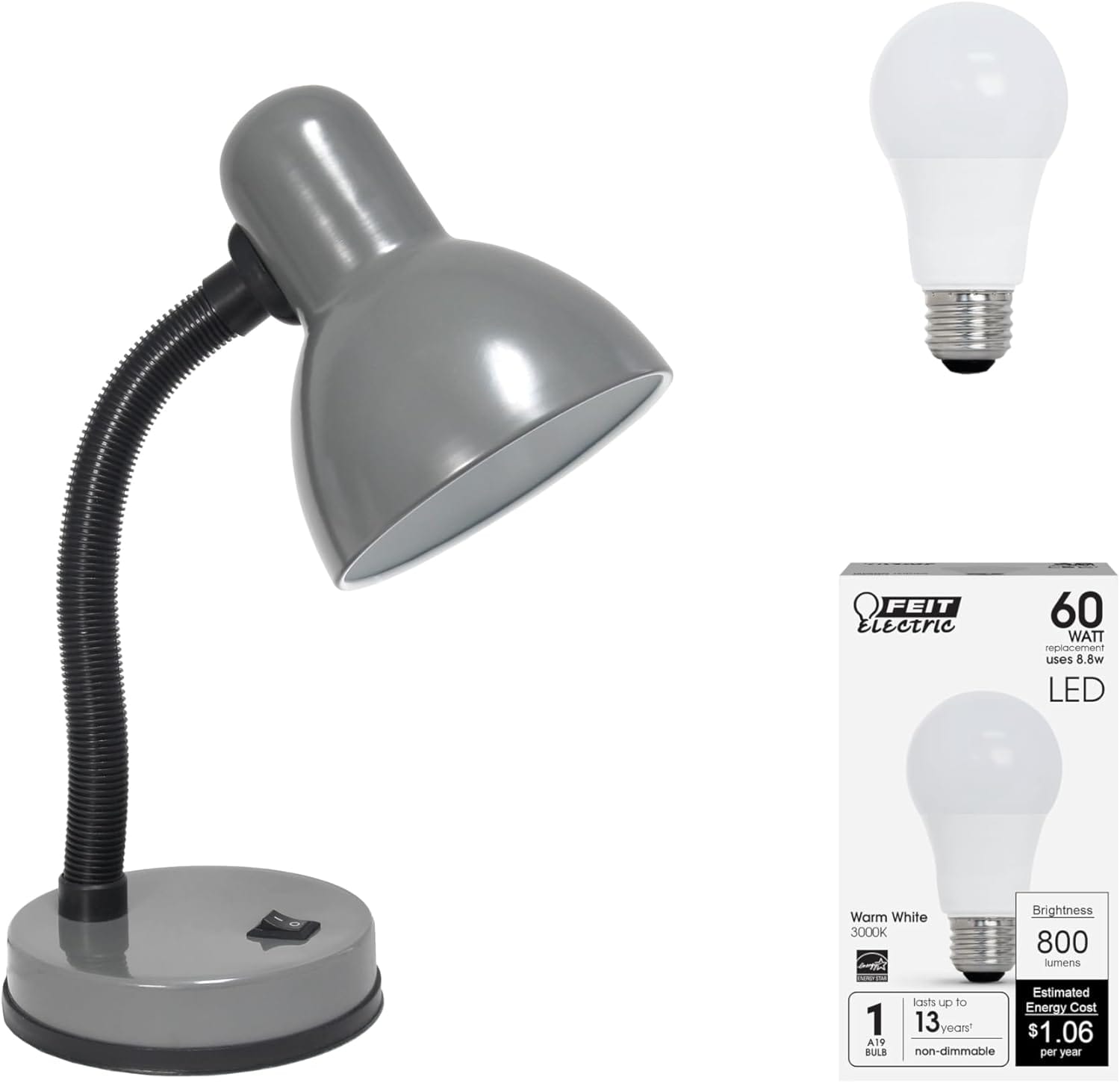 Simple Designs LD1003-GRY-LB 14.25" Basic Metal Desk Lamp with Flexible Hose Neck for Office, Living Room, Bedroom, College Dorm, Bookshelf, Silver, with Feit LED Bulb Included Simple Designs LD1003-GRY-LB 14.25" Basic Metal Desk Lamp with Flexible Hose Neck for Office, Living Room, Bedroom, College Dorm, Bookshelf, Silver, with Feit LED Bulb Included