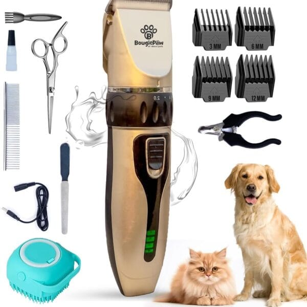 Grooming Kit for Dogs at Home - Rechargeable Low Noise Cat and Dog Shavers & Clippers for Grooming Thick Hair - Cordless Grooming Clippers Includes Pet Hair Clippers, Nail Trimmer, Shears & Bath Brush
