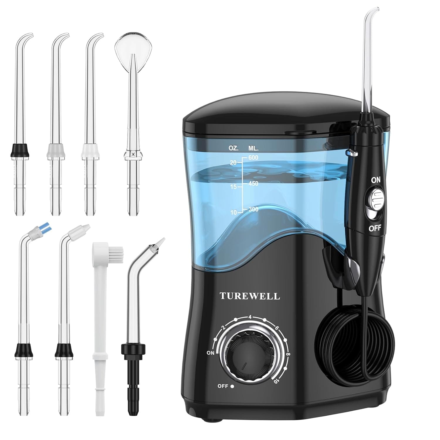 TUREWELL Water Dental Flosser for Teeth/Braces, Water Teeth Cleaner 8 Jet Tips and 10 Pressure Levels, 600ML Large Water Tank Oral Irrigator for Family(Black) TUREWELL Water Dental Flosser for Teeth/Braces, Water Teeth Cleaner 8 Jet Tips and 10 Pressure Levels, 600ML Large Water Tank Oral Irrigator for Family(Black)