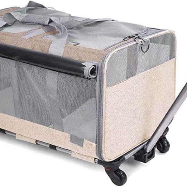 Pet Carrier with 4 Wheels for 2 Small Pets,Double-Compartment Rolling Wheeled Travel Cats Carrier with Telescopic Handle,Ventilated Design,Perfect for Traveling/Walking/Camping (Khaki)