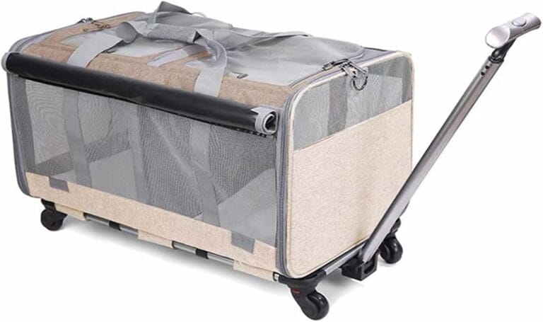 Pet Carrier with 4 Wheels for 2 Small Pets,Double-Compartment Rolling Wheeled Travel Cats Carrier with Telescopic Handle,Ventilated Design,Perfect for Traveling/Walking/Camping (Khaki)