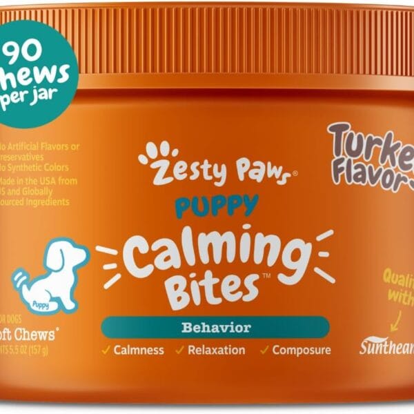 Zesty Paws Calming Chews for Dogs - for Everyday Stress, Relaxation, Composure, and Separation, Puppy Bites Turkey 90 Count