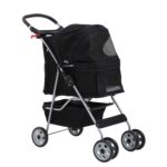HCY Dog & Cat Stroller - 4 Wheel Folding Carrier with Cup Holder & Storage Basket for Small & Medium Dogs - Black
