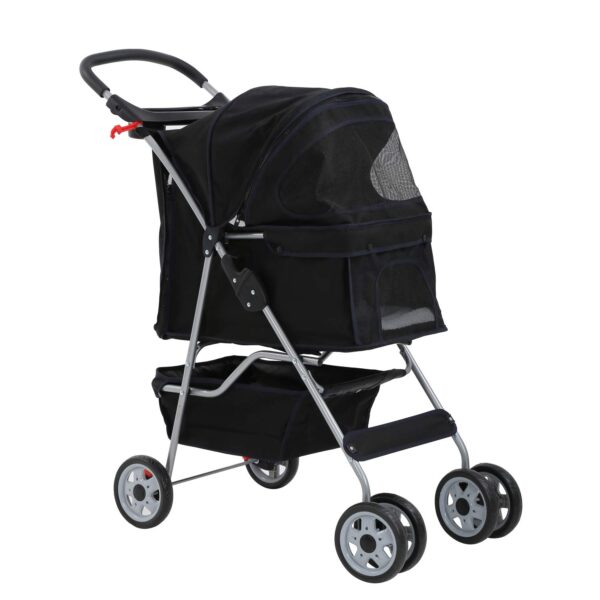 HCY Dog & Cat Stroller - 4 Wheel Folding Carrier with Cup Holder & Storage Basket for Small & Medium Dogs - Black