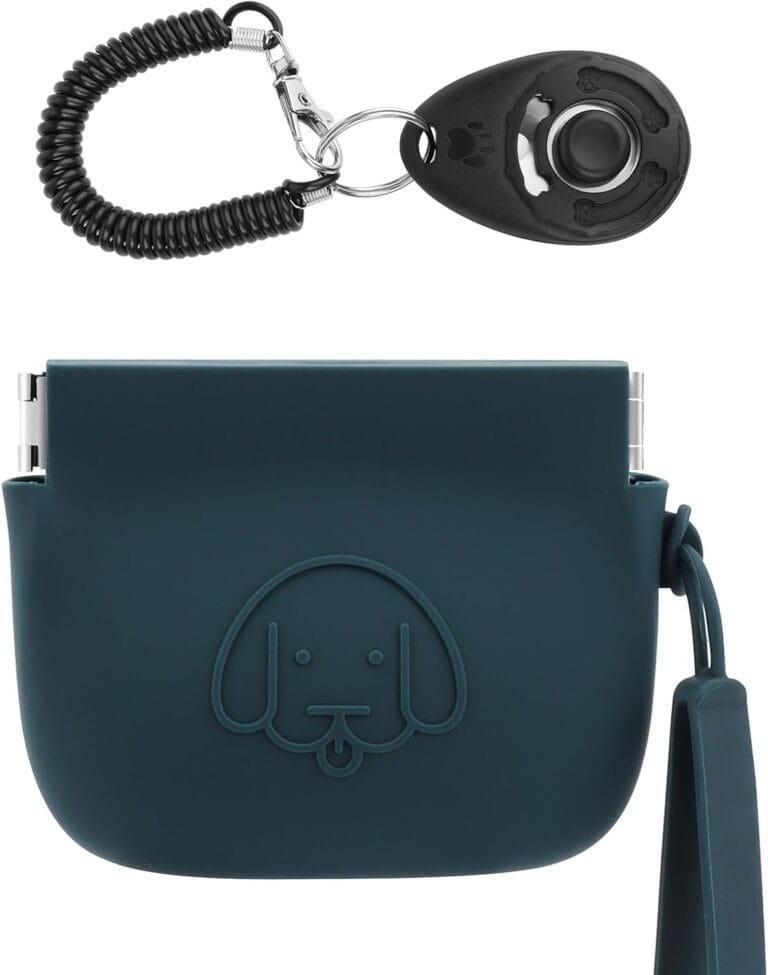 WALLFID Silicone Dog Treat Pouch, Auto Closure, with Pet Training Clicker, Walking Bag for Dog and Cat, Pocket Size, Easy to Clean, Odorless, Travel Walking Bag (Dark Green)