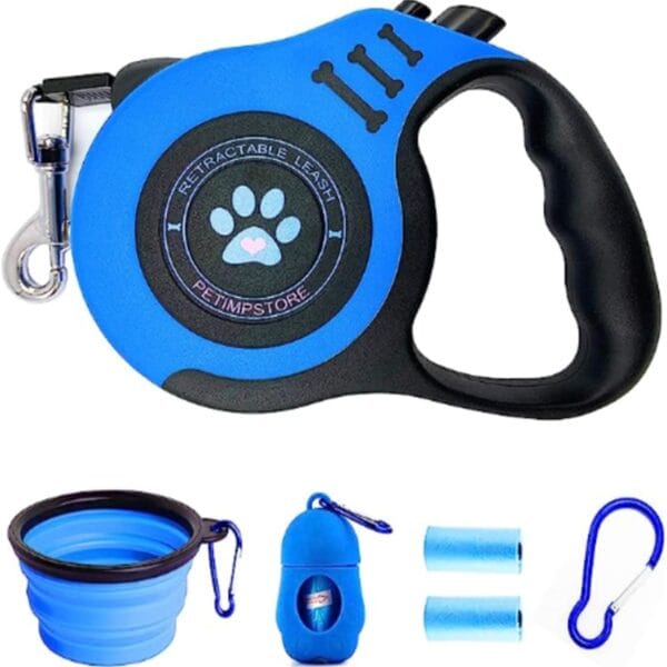 PETIMP Retractable Dog Leash Lightweight 16FT Leash Claw Print, with Folding Bowl,Dispenser,Rubbish Bags, for Small Medium Dogs(Blue)