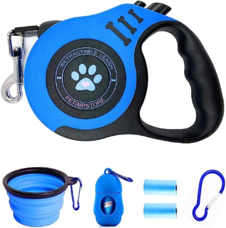 PETIMP Retractable Dog Leash Lightweight 16FT Leash Claw Print, with Folding Bowl,Dispenser,Rubbish Bags, for Small Medium Dogs(Blue)