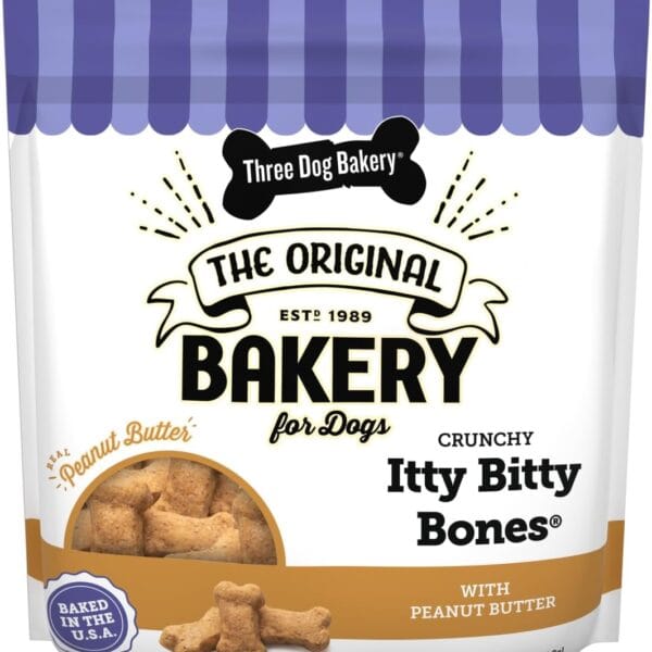 Three Dog Bakery Itty Bitty Bones Peanut Butter Dog Treats, 32oz - Crunchy Bones for Dog Training Treats, Real Peanut Butter Puppy Training Treats, Dog Bakery Treats
