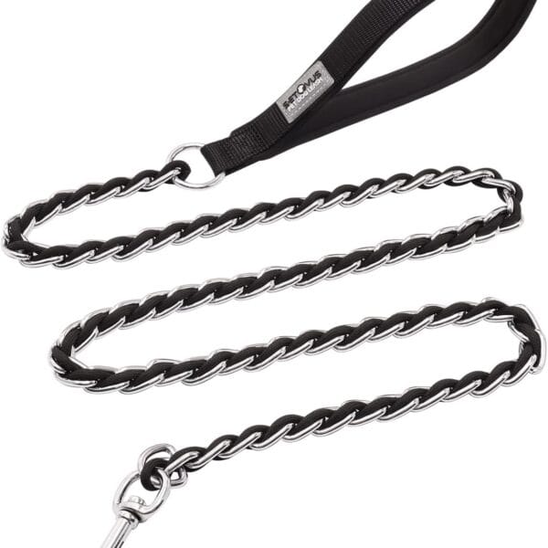 Chew Proof Metal Leash Chain for Medium Large Dogs, 4FT Strong Anti Chew, Comfortable Soft Padded Handle Black