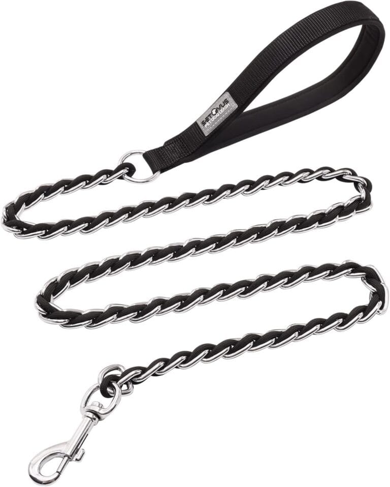 Chew Proof Metal Leash Chain for Medium Large Dogs, 4FT Strong Anti Chew, Comfortable Soft Padded Handle Black