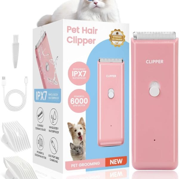 Dog Clipper for Matted & Long Hair,Quiet Pet Paw Hair Trimming Groomer,Handy Cordless Rechargeable Waterproof Shaver Kits for Cats,Small Dogs & Animals Pink