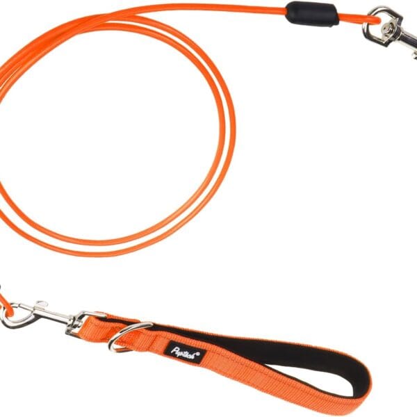 PUPTECK Chew Proof Dog Leash for Small Medium Large Dogs, Heavy Duty Dog Leashes with Padded Handle, Steel Cable Lead with Detachable Short Leash for Training Walking, Orange