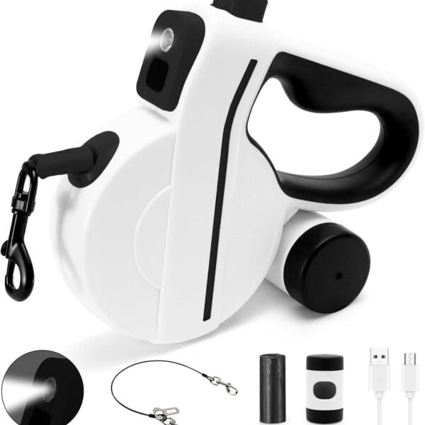 Retractable Dog Leash with LED Light for Night Walk, 16ft Dog Retractable Leash with Poop Bags for Medium Dogs, Quick Lock Braking & Non-Slip Handle