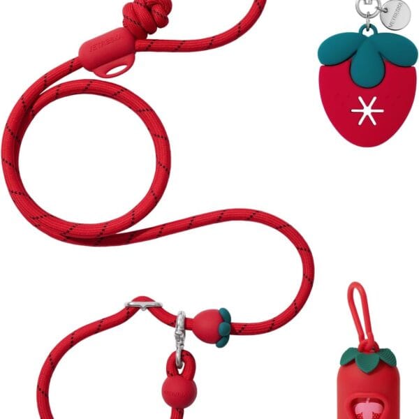VETRESKA Hands-Free Dog Leash, 8FT Adjustable Rope Leash for Medium Large Dog, Waist/Crossbody Slip Lead Leashes for Walking, No Pull Leashes with Bag Dispenser, Clip, 3 in 1 Walk Kit (Strawberry)
