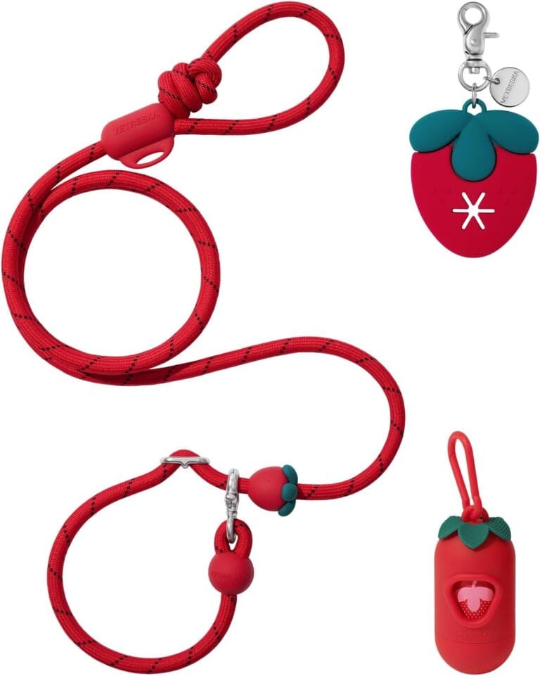 VETRESKA Hands-Free Dog Leash, 8FT Adjustable Rope Leash for Medium Large Dog, Waist/Crossbody Slip Lead Leashes for Walking, No Pull Leashes with Bag Dispenser, Clip, 3 in 1 Walk Kit (Strawberry)