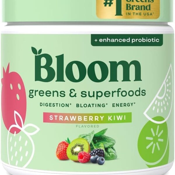 Bloom Nutrition Greens and Superfoods Powder for Digestive Health, Greens Powder, Digestive Enzymes, Probiotics, Spirulina, Chlorella for Bloating & Gut Support, Green Juice, 30 SVG, Strawberry Kiwi