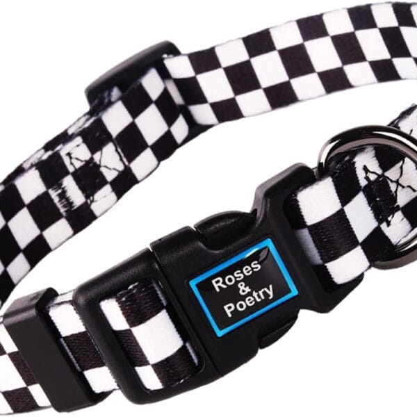 Roses&Poetry Dog Collar with Colourful Patterns, Adjustable Durable Puppy Collars for Small Medium Large Dogs (Black & White-L)
