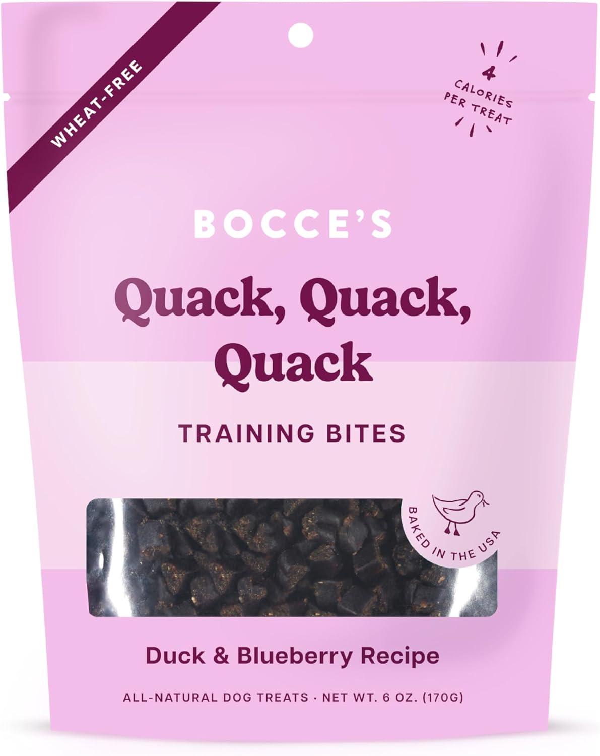 Bocce's Bakery Quack, Quack, Quack Training Treats for Dogs, Wheat-Free Dog Treats, Made with Real Ingredients, Baked in The USA, All-Natural & Low Calorie Training Bites, Duck & Blueberry, 6 oz Bocce's Bakery Quack, Quack, Quack Training Treats for Dogs, Wheat-Free Dog Treats, Made with Real Ingredients, Baked in The USA, All-Natural & Low Calorie Training Bites, Duck & Blueberry, 6 oz