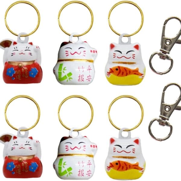 6 Pack Lucky Cat Collar Bells Loud Dog Collar Bells for Potty Training Necklace Pendant with Free Clips Key Rings White Red and Yellow