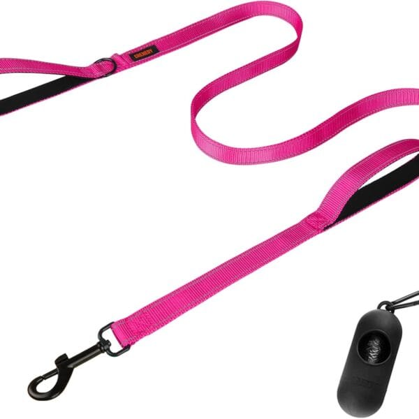 Heavy Duty Dog Leash with Double Handles - 6FT Reflective Anti-Pull Training Lead for Large Dogs, Padded Handle Durable Nylon Leash (Pink)