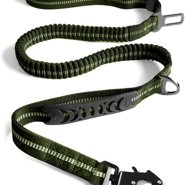 Heavy Duty Tactical Bungee Dog Leash, 4-6FT Shock Absorbing Tactical Dog Leash with 2 Padded Handles, Metal Carabiner Clip, Car Seatbelt, Reflective for Medium Large Dogs (ArmyGreen)