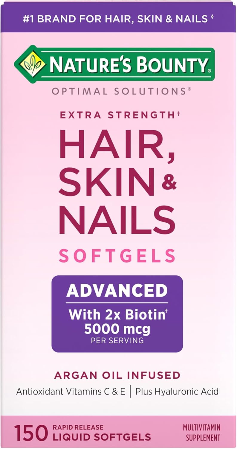 Nature's Bounty Advanced Hair, Skin & Nails, Argan-Infused Vitamin Supplement with Biotin and Hyaluronic Acid, 150 Rapid Release Softgels, 50 Total Servings Nature's Bounty Advanced Hair, Skin & Nails, Argan-Infused Vitamin Supplement with Biotin and Hyaluronic Acid, 150 Rapid Release Softgels, 50 Total Servings