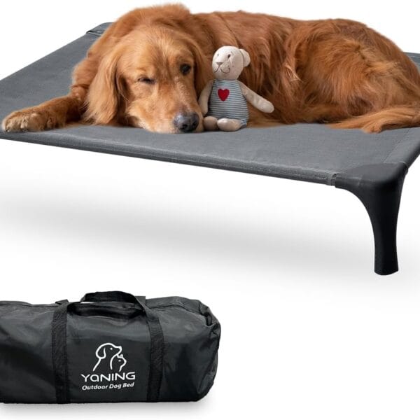 Outdoor Elevated Bed for Large Medium Dogs, Easy to Assemble With Portable Bag, Raised Cot With Pet-Friendly Feet, Breathable Mesh for Camping or Travel, Dark Grey