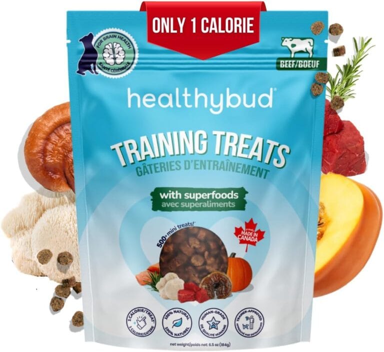 healthybud Mini Dog Training Treats - Beef Liver Soft Trainer Bites, 500+ Bits, 1 kCal per Bite, 6.5oz, Reishi, Lions Mane, Salmon Oil, Puppy Chews (Beef)