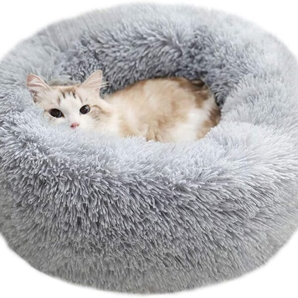 BODISEINT Modern Soft Plush Round Pet Bed for Cats or Small Dogs, Mini Medium Sized Dog Cat Bed Self Warming Autumn Winter Indoor Snooze Sleeping Cozy Kitty Teddy Kennel (20'' D x 8'' H, Light Grey)