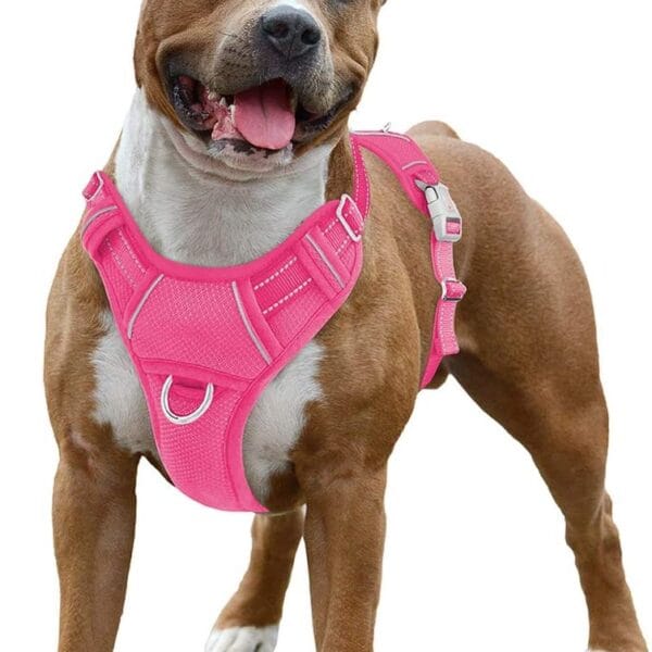 BARKBAY No Pull Dog Harness Large Reflective Dog Harness with Front Clip and Easy Control Handle for Walking Training Running with ID tag Pocket(Pink,L)