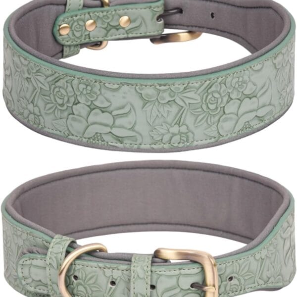 Basic Leather Dog Collars, Embossed Print for Large, Medium & Small Dogs (XL, Green)