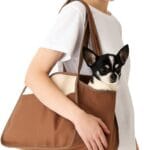 Dog Cat Purse Carrier for Small Pets, Dog Carrier with Secure Harness Clip, Zipper Closure Small Dog Cat Bag Carrier for Pets-Brown, Up to 15 Lbs