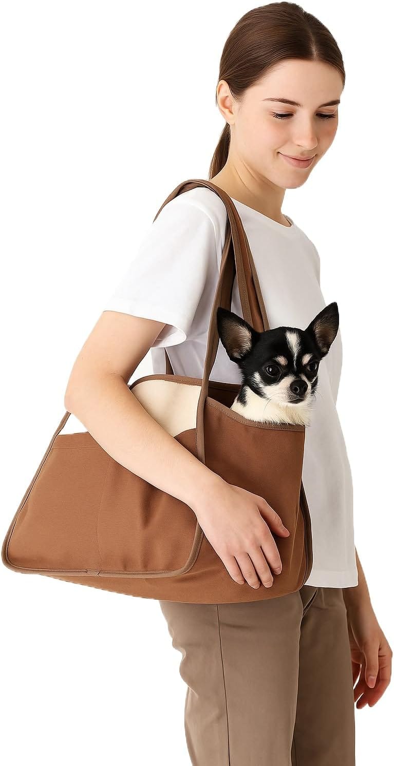 Dog Cat Purse Carrier for Small Pets, Dog Carrier with Secure Harness Clip, Zipper Closure Small Dog Cat Bag Carrier for Pets-Brown, Up to 15 Lbs